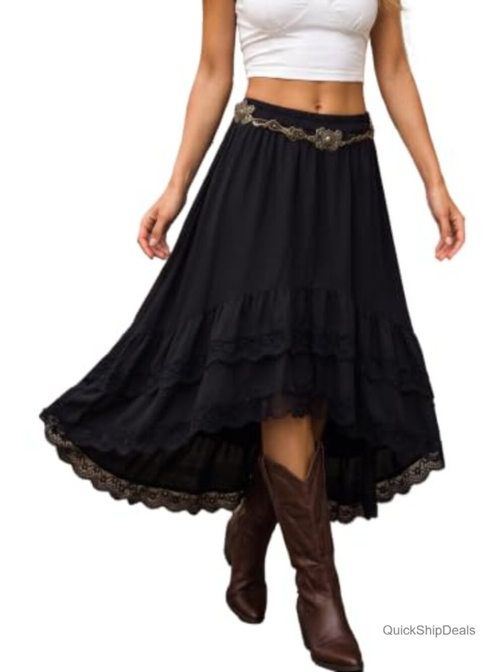 High Low Midi Lace Ruffle Skirt with Pockets Polyester